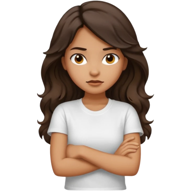 Tan girl dark long wavy hair crossing her arms with slight pout emoji