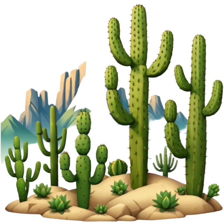 prickly pear cactus and saguaro cactus with mountains in background emoji