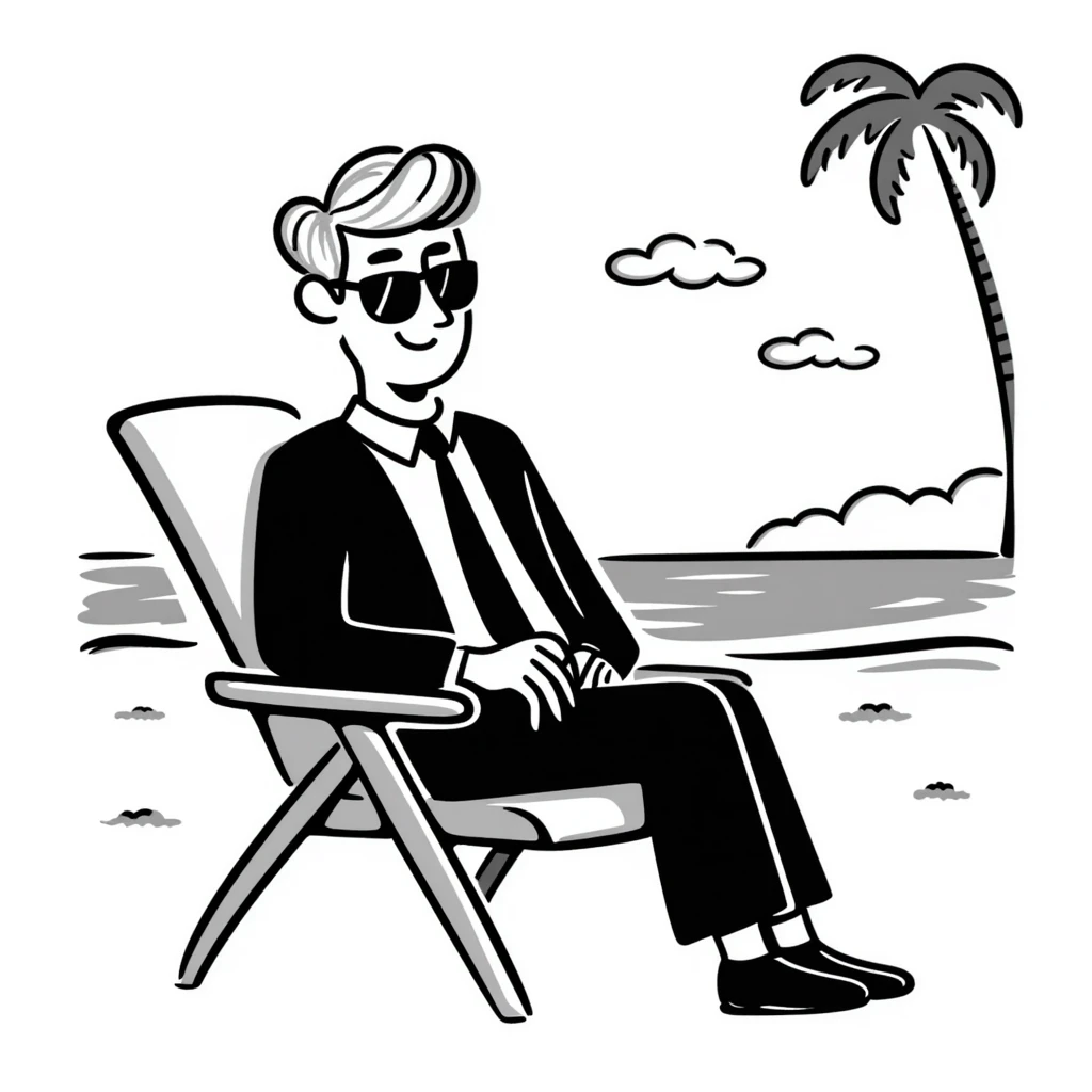 blonde businessman in formal suit sitting in a beach chair on a tropical vacation, relaxing emoji