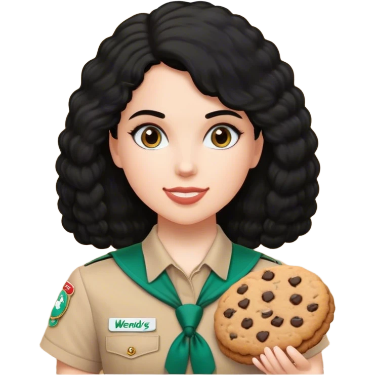 white girl scout selling cookie at Wendy’s big black hair and Wendy’s logo emoji
