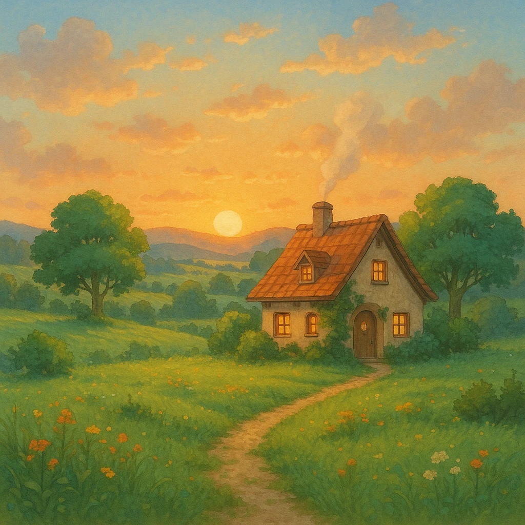 dream life as a peaceful landscape with a cozy house, sunrise, and nature, in ghibli style emoji
