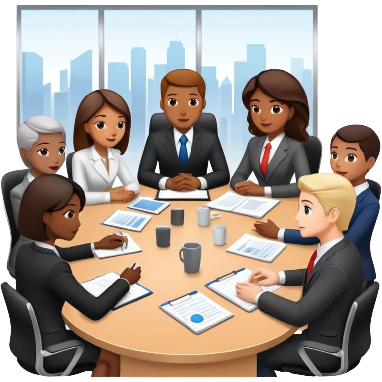 diverse team in business attire discussing at a meeting table emoji