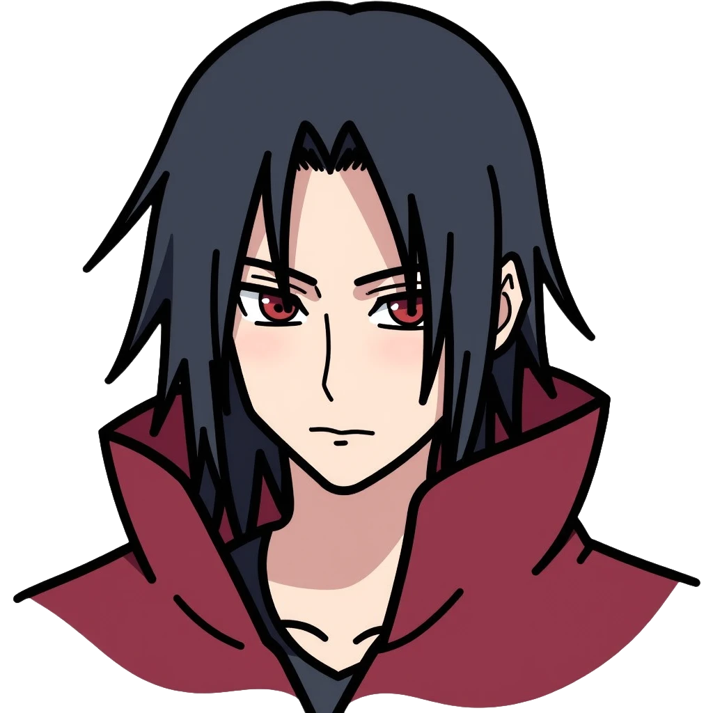 Itachi Uchiha with long black hair, Sharingan eyes, facial lines under his eyes, wearing Akatsuki cloak emoji