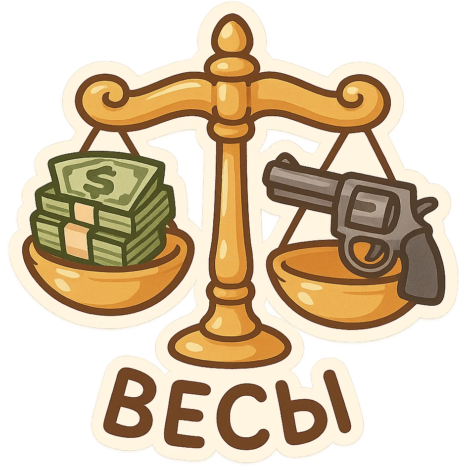 Весы, на одно чаше куча пачек долларов, на другой револьвер emoji