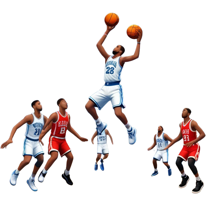 An icon featuring a basketball court with players in action, inspired by NBA 2K25. A player jumps for a dunk, with the ball mid-air. Bright lights illuminate the court, symbolizing the excitement of sports simulation games. Transparent background emphasizes the energy. emoji