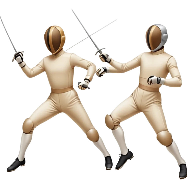Two fencers in symmetrical stances, with crossed épées in front of them. Their forms are elegant and precise, showcasing the balance and strategy of fencing. The background features a blurred fencing piste, with subtle motion lines to emphasize the elegance and speed of the sport. emoji