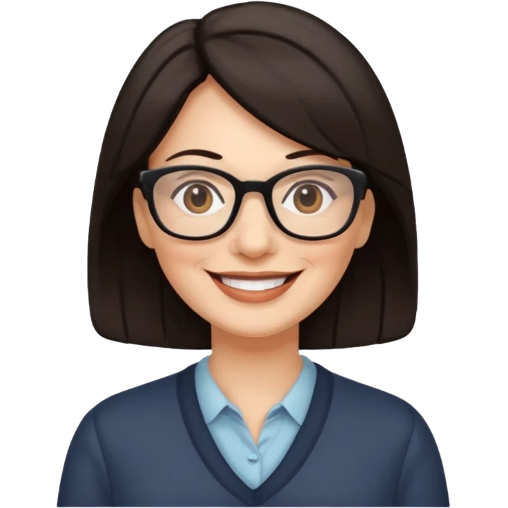 50 y.o. woman dark hair smile, glasses emoji