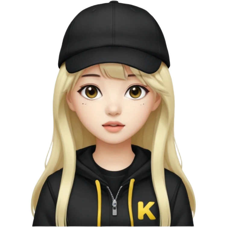 Portrait of a female K-pop idol, wearing a stylish streetwear outfit with layered clothing, long hair with bangs, makeup, wearing a black cap emoji