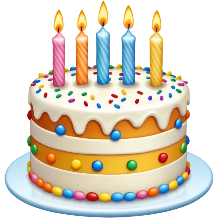 colorful birthday cake with lit candles and decorations emoji