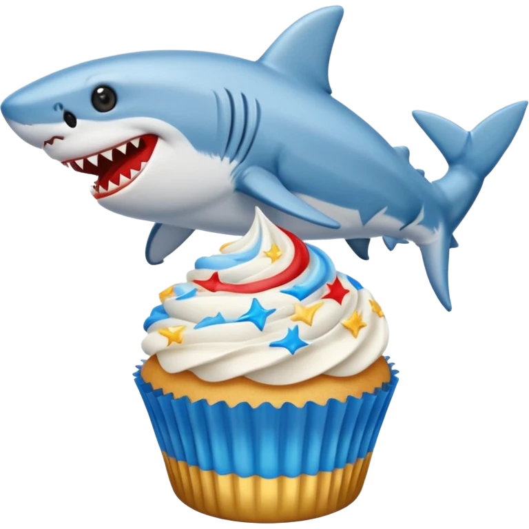 Cupcake  with a  dog  and friendly shark with gloden and silver and blue and red icing  emoji