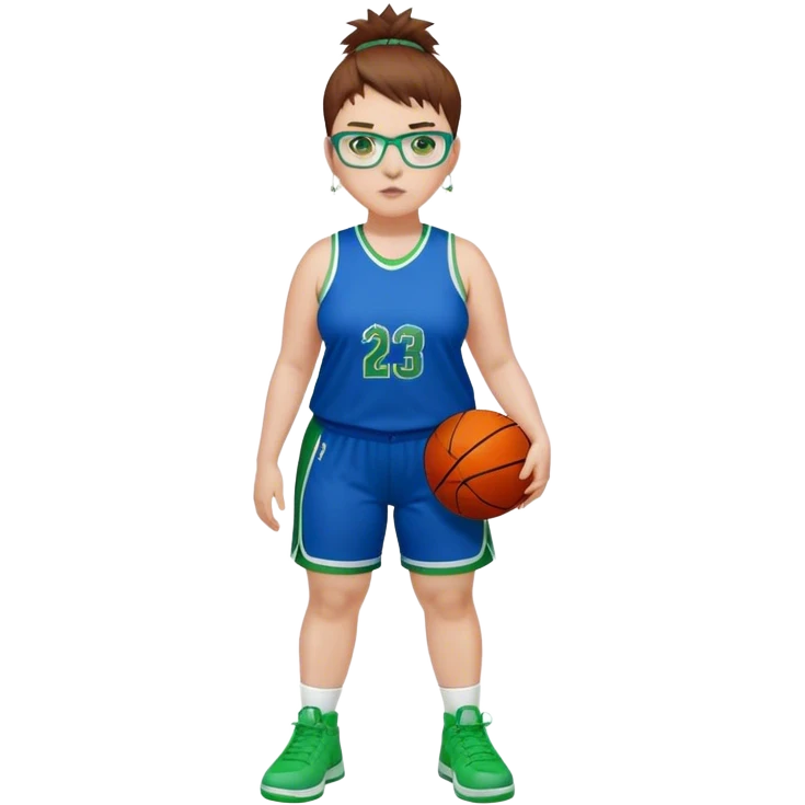 Full Body white plus size Girl with basketball spikey short brown HAIR wearing blue glasses with green eyes wearing blue and green basketball uniform PLAIN WITH GREEN SHOES emoji
