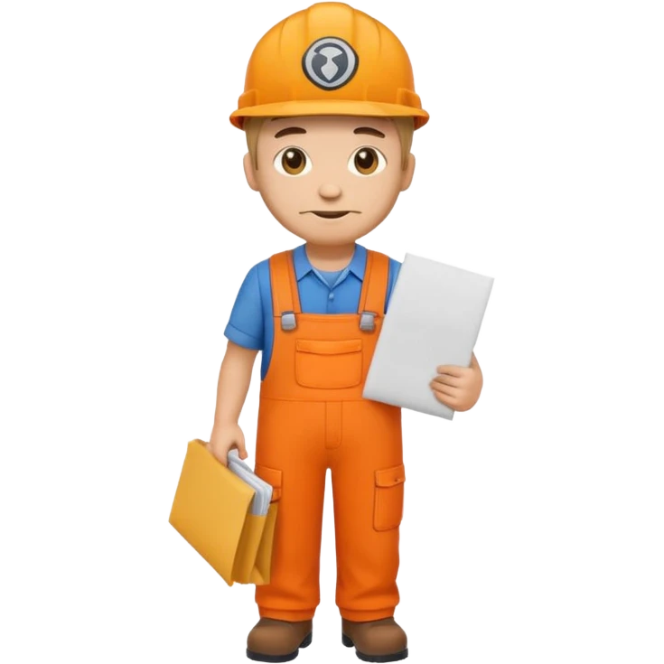 emoji style railway engineer full body in orange overalls, carrying one piece of paper in front of him emoji