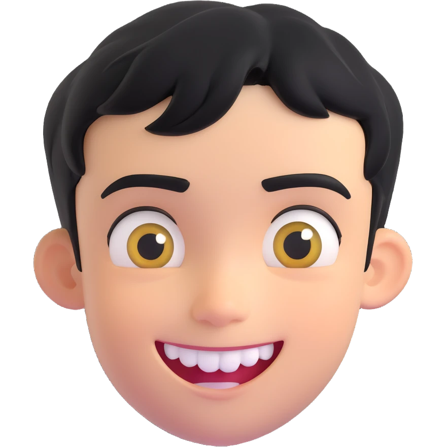 floating head of a boy with short black hair, dark eyebrows, mischievous smile showing gold teeth or grillz, smooth cartoon style, emoji aesthetic, simple background, centered face, expressive eyes emoji