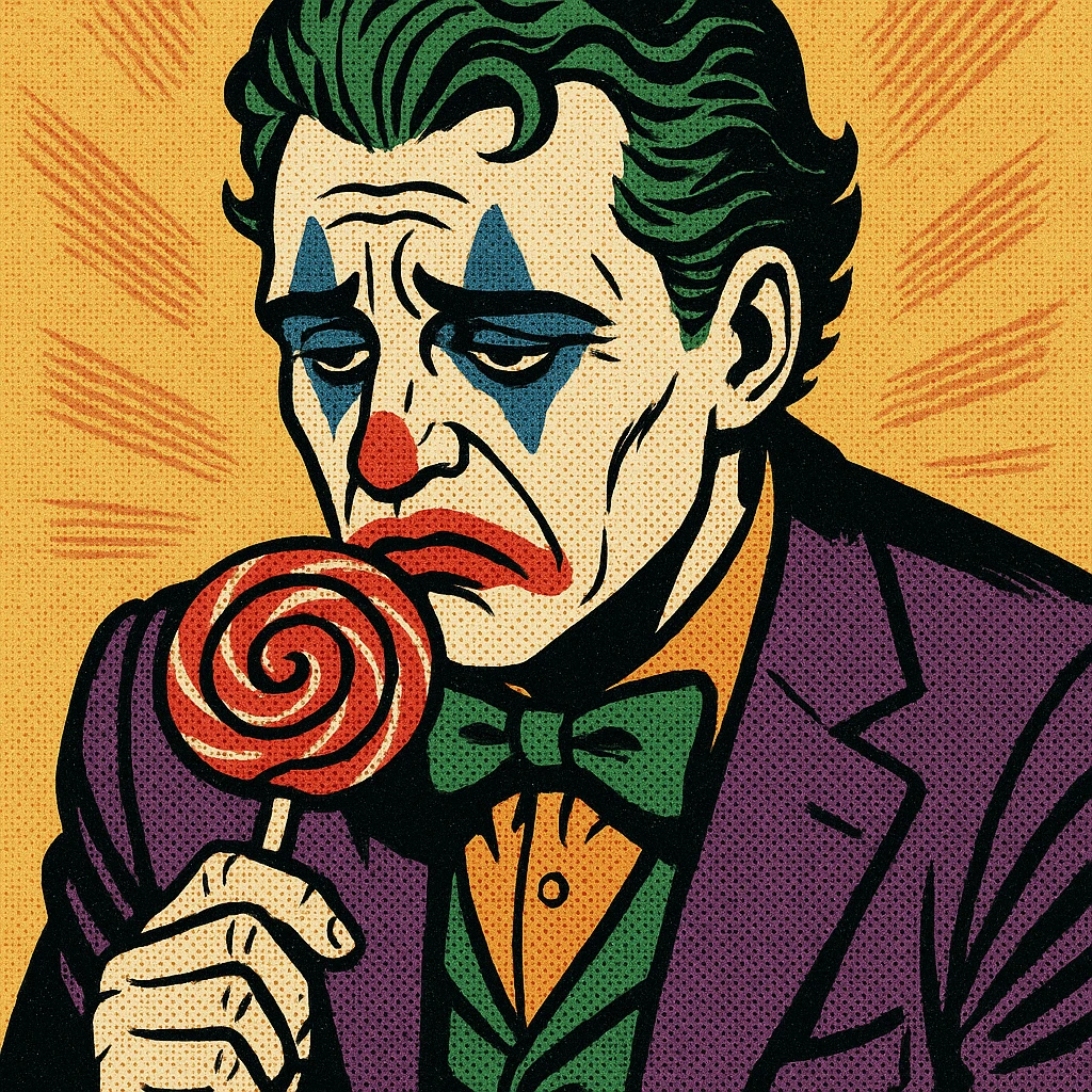 joker in clown makeup, sad expression, eating a lollipop, comic book style emoji