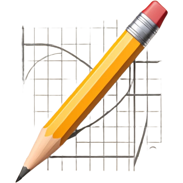 A pencil is placed over a sheet of paper grid, representing the sketching phase of a logo emoji