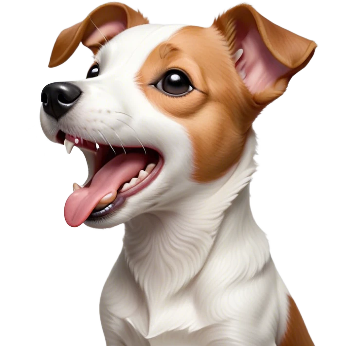 Cinematic Cute Yawning Jack Russell Terrier Portrait Emoji, Head tilted slightly with a dramatic, wide-open yawn, showcasing a compact, energetic form with floppy ears and sleepy, half-closed eyes, a slightly open mouth revealing gentle canine charm, Simplified yet irresistibly adorable features, highly detailed, glowing with a soft, cozy glow, high shine, relaxed yet expressive, stylized with a dash of whimsical canine ease, soft glowing outline, capturing the essence of a drowsy yet affectionate Jack Russell Terrier that appears ready to stretch out and yawn its way out of the screen! emoji