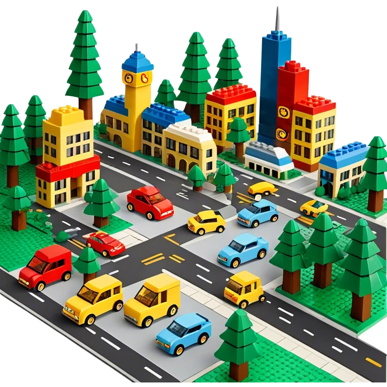 A photorealistic icon featuring a cityscape built from colorful LEGO bricks, with LEGO buildings, roads, cars, and trees. The design highlights the intricate details of the LEGO structures, capturing the creativity and fun of building with LEGO. Transparent background. emoji