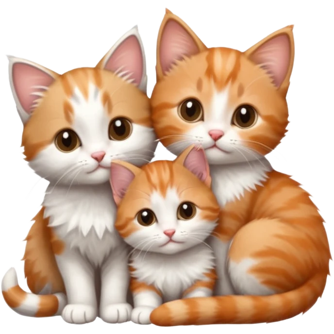 3 tiny kittens cuddling together all different colours, the first one is grey and white, the second is ginger and white and the third is brown tabby and white emoji
