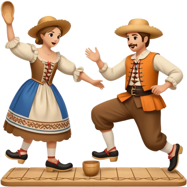 Cinematic Realistic scene of two performers executing the Klompendans, dressed in traditional Dutch costumes complete with wooden clogs and detailed folk patterns, captured in lively motion with soft, natural lighting emoji