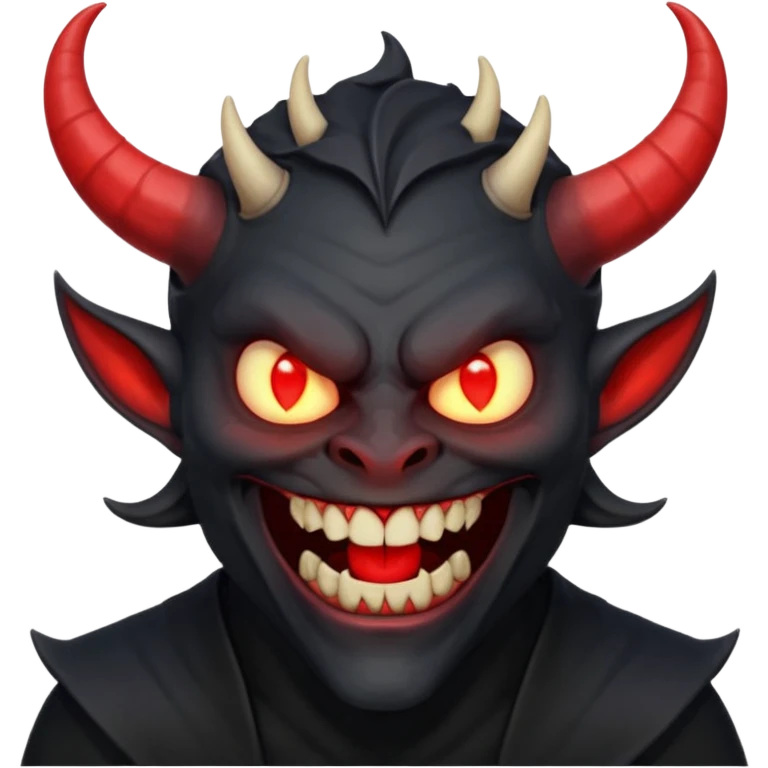 “Scary demon emoji, evil human-like laugh, black clothes, big curved horns, glowing red eyes, upper body visible till chest, dark mood, high detail, emoji style, clean background” emoji
