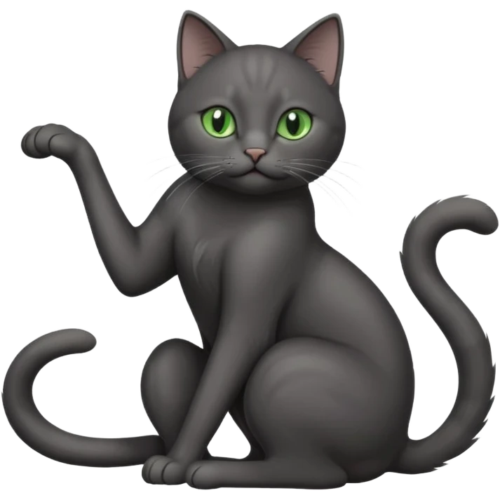 full body gorgeous solid dark grey cat with green eyes, white paws and white whiskers stretching emoji