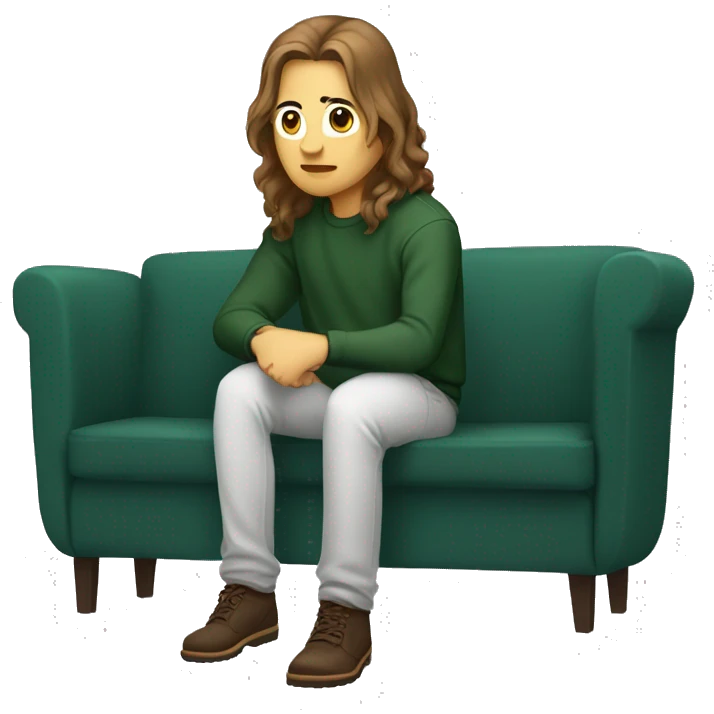 a web developer with long hair and a dark green sweatshirt sitting in a pose where the hand is on the knee forward and the second leg is under the booty , light-colored sofa , brown hair emoji