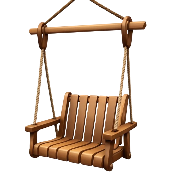 iOS-style 3D emoji: a wooden swing hanging from two ropes, suspended in mid-air, with soft shadows and glossy highlights emoji