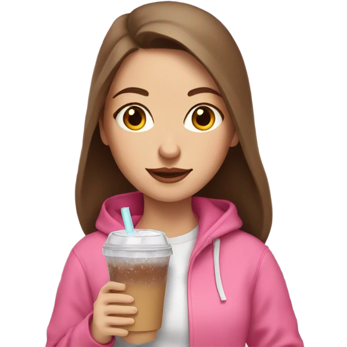 white girl with brown hair in a pink hoodie with iced coffee emoji