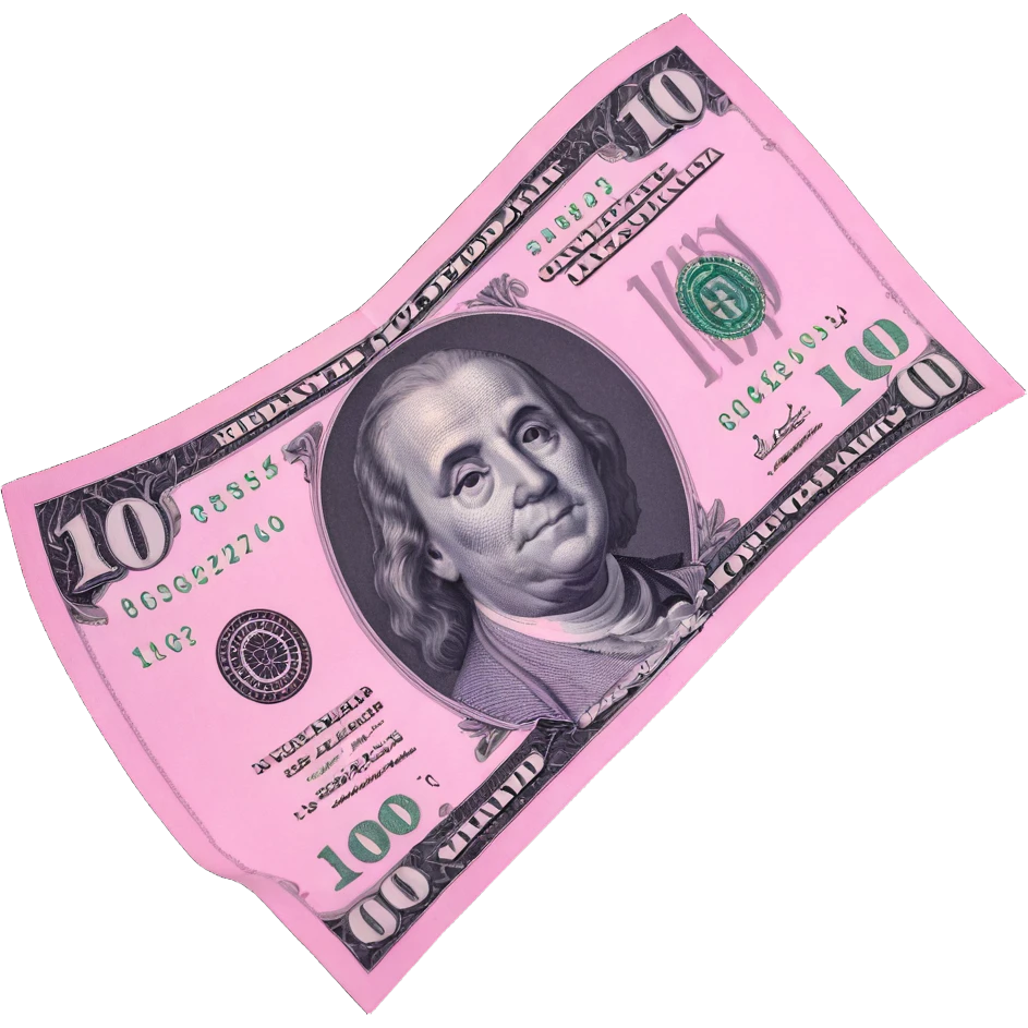$100 bill in 3D emoji style, alternating pink and white patterns, fun design emoji