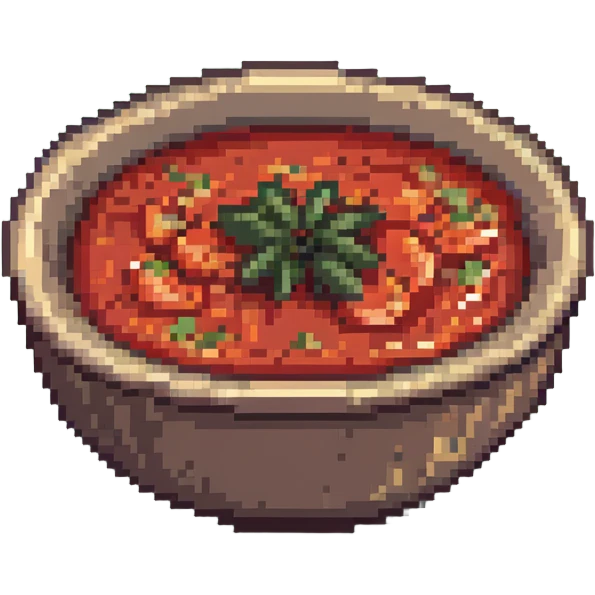 pixel art bowl of red tomato chutney with garlic emoji