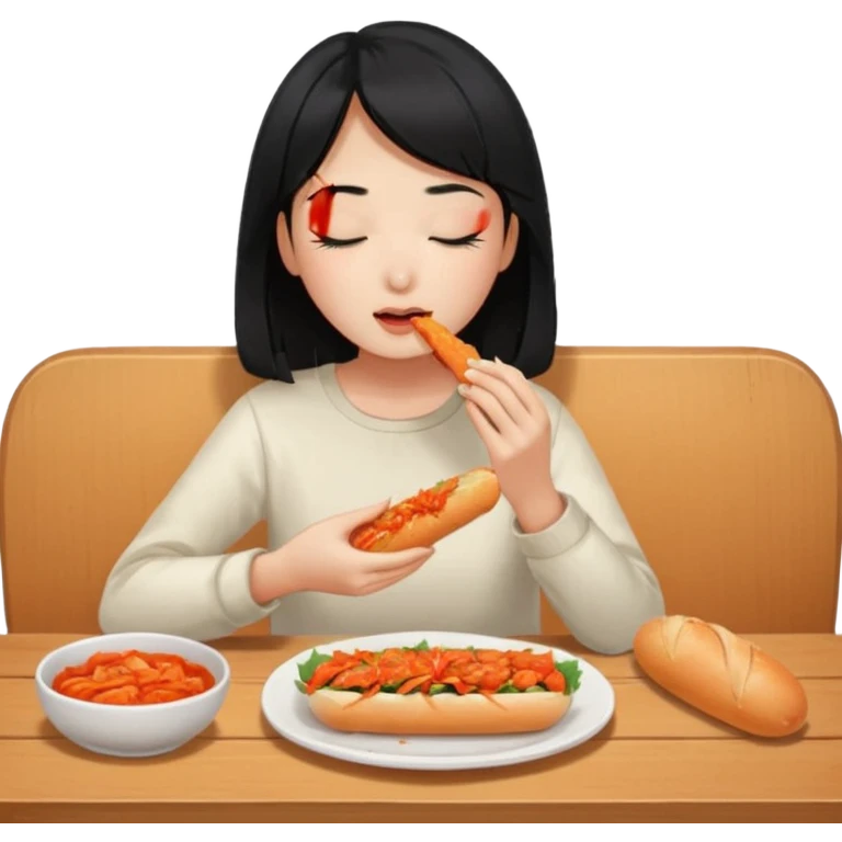 Girl black long hair eat kimchi close eyes baguette emoji