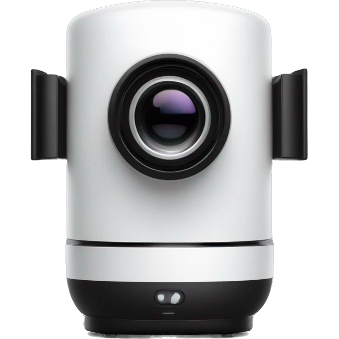 A sleek, modern white portable projector with a cylindrical body, black front lens, and a U-shaped stand for angle adjustment. Minimalist and futuristic design. emoji