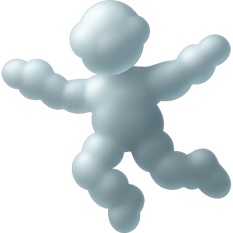 flying person with body and limbs made of small white fluffy clouds, matte glass style, minimalism emoji