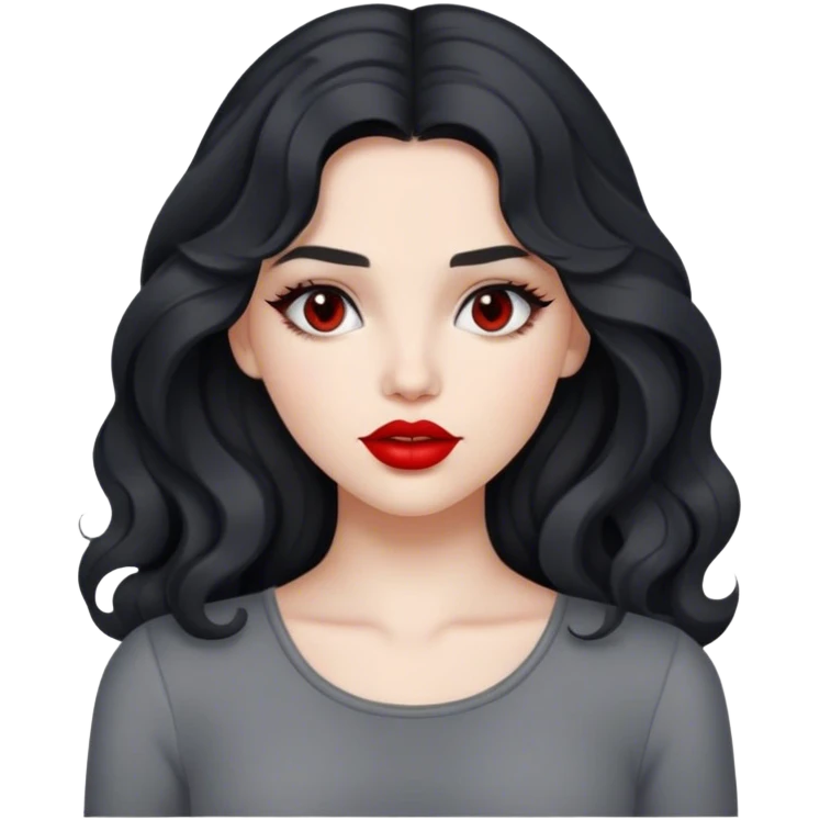 a fair girl with black long wavy hair(not curly) wearing a gray skims top and red lipstick emoji