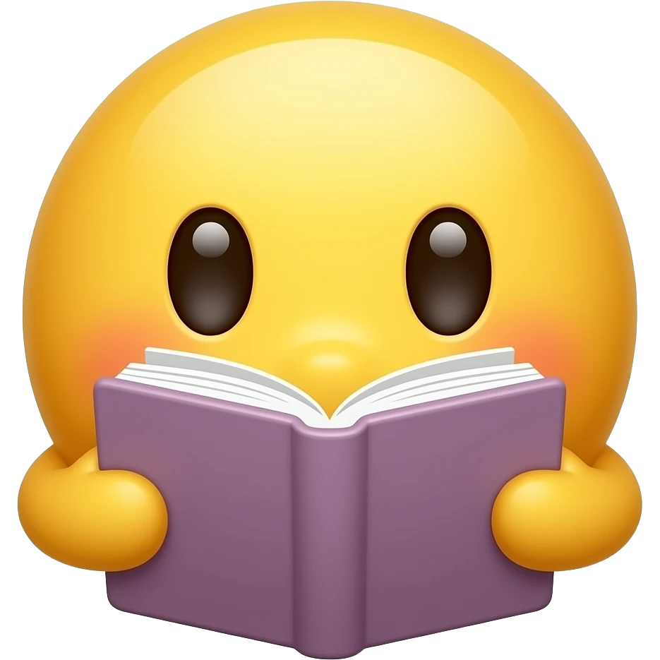 고민을 하는 이모지 왼쪽으로 기우뚱 오른쪽으로 기우뚱하면서 손에는 책을 들고 있는 이미지, 남성의 형태가 아니라 노란색 기본 이모지의 형태, 눈알의 형태를 좀 더 단순하게 표현하고, 책의 커버 색깔 = ' 5cFFD1' emoji