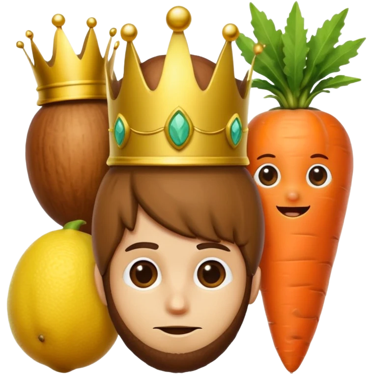 There is a hazelnut with a crown on his head, on his left side is a lemon like a hacker and on his right side is a carrot like a detective emoji