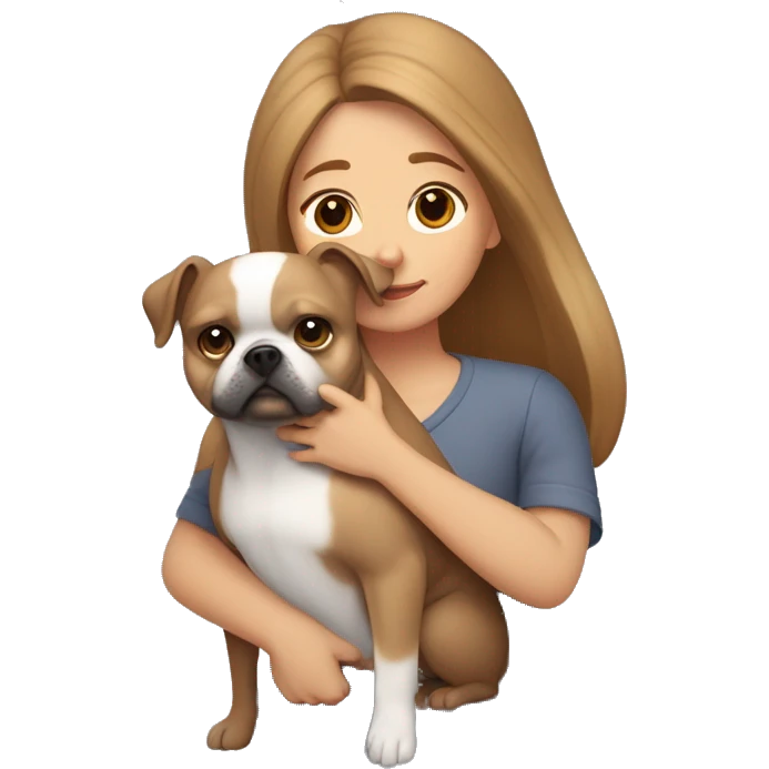 light brown hair woman hugging two dogs: in one arm a pomeranian and in the other a dark gray french bulldog emoji