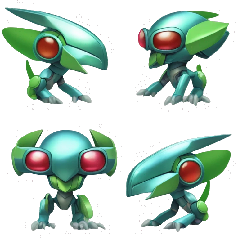 a shiny metallic Genesect-Flygon-Raptor-Fakémon-Medabot-hybrid with a futuristic visor-helmet full body emoji
