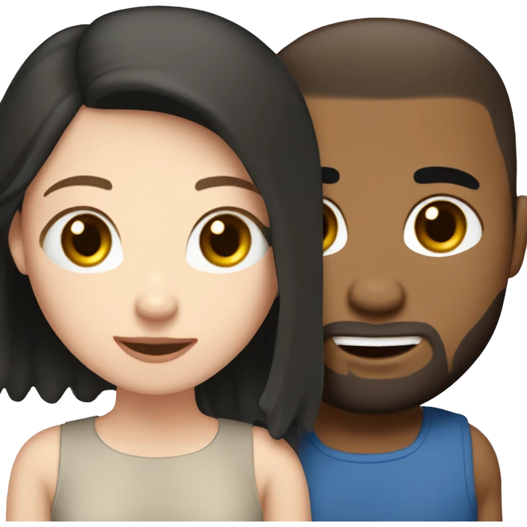 A Girl with pale skin, black hair and blue eyes thats cuddeling with a Man that has a light brown skin a buzz cut, beard, brown eyes emoji