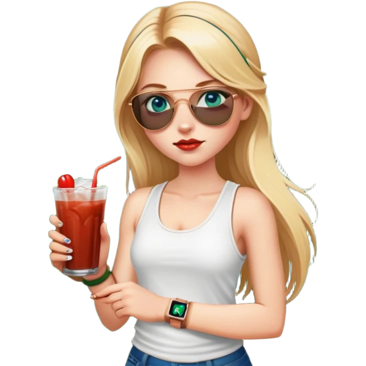 girl with long blond pigtailed hair
with blue eyes
and aviator sunglasses
wearing white tank top 
holding bloody mary
wearing (rose gold apple watch with forest green band) emoji