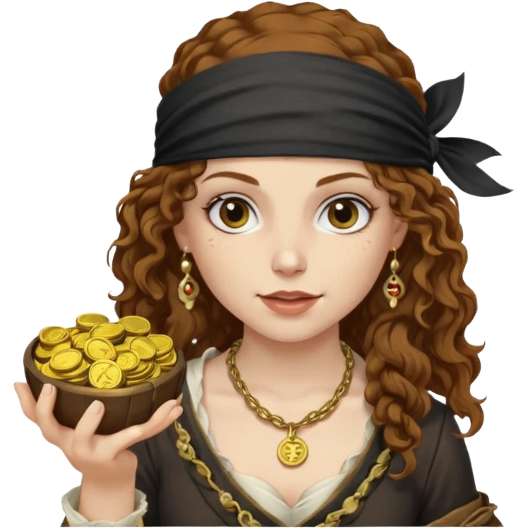 Lady Pirate With holding Coins, curly hair. emoji