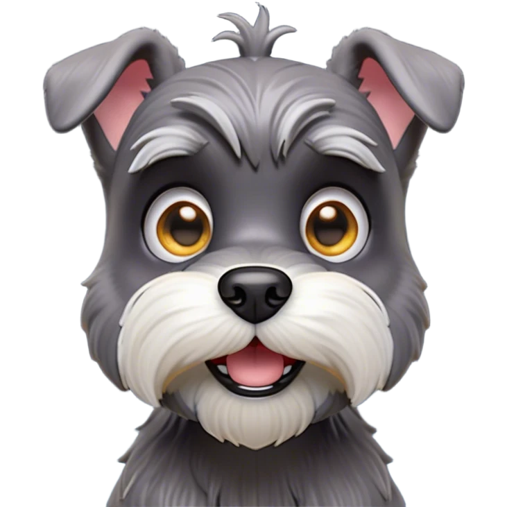 Cinematic Comical Miniature Schnauzer Portrait Emoji, Head tilted dramatically with a comically shocked expression and large, animated eyes, featuring a sharply defined salt-and-pepper fur with exaggerated, humorous eyebrows, simplified yet hilariously detailed, glowing with a bold, playful radiance, high shine, exuding a spirited and cheeky charm, styled with a soft glowing outline, capturing the essence of a Miniature Schnauzer that appears ready to dash into a burst of comic energy! emoji