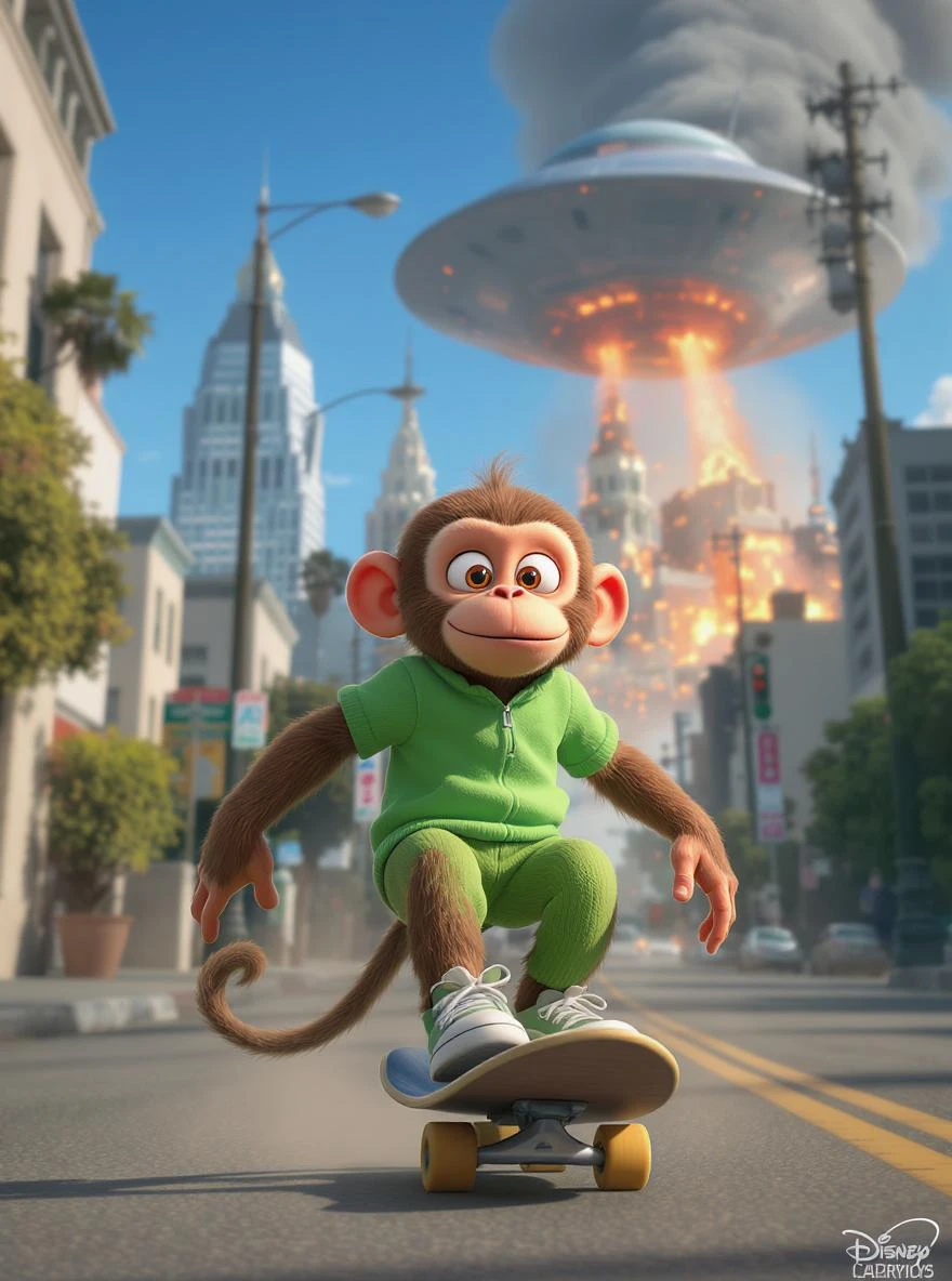 Disney style Cinematic still scane, Low angle shot, monkey dress in green outfit, monkey ride on skateboard, san francisno downtown with city lanscape, ufo destroying city in background, blue clean sky, captured by ARRI Alexa XT, soft cinematic lightning, back light, inspired by ToyStory 4 emoji