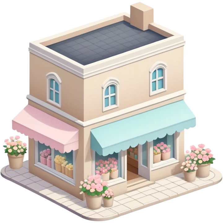 isometric exterior little beige and white shop with abundant pastel florals everywhere emoji