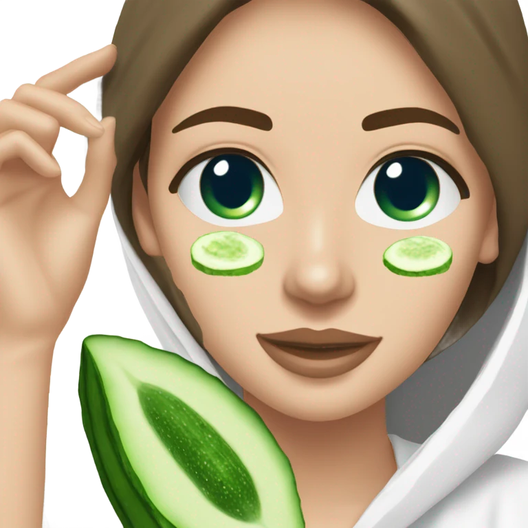 White girl with Brown hair and blue eyes wears a Green clay colored skincare textured mask and puts on cucumbers around her eyes while She relaxes in her white Robe emoji