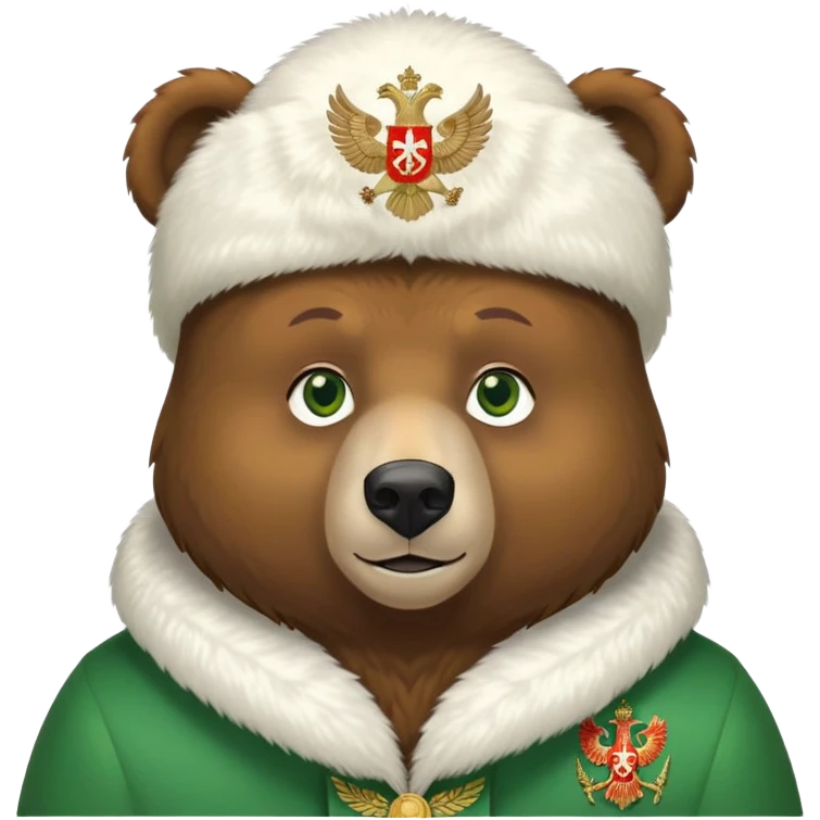 Sweet brown bear with friendly expression and green eyes, white fur ushanka with prominent and detailed Russian Federation double-headed eagle coat of arms, iOS emoji style emoji