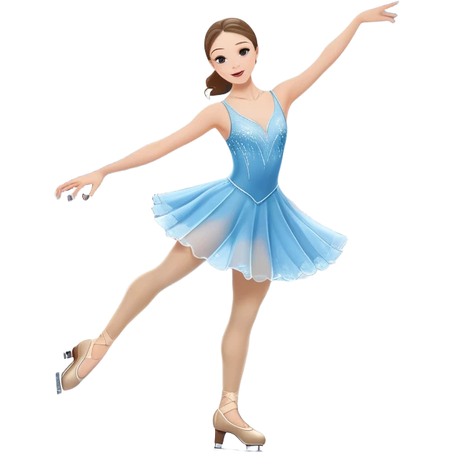 An icon featuring a graceful figure skater performing a spin on the ice. The background includes a grand ice rink palace with shining spotlights and cheering spectators in the stands. Transparent background highlights the elegance and artistry of figure skating emoji