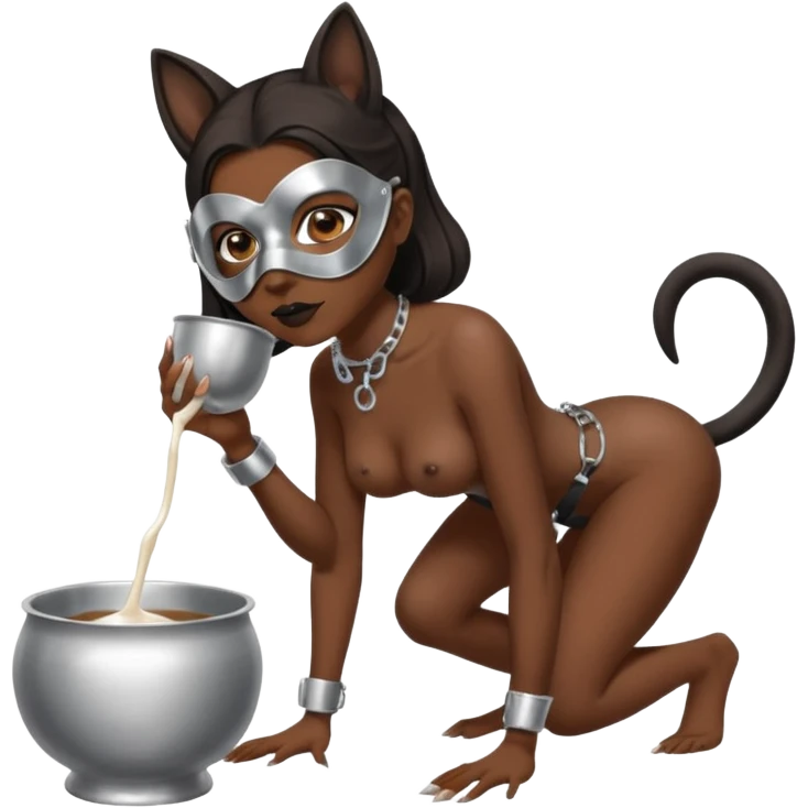 Dark Women drinking  from sliver milk bowl with only leash on on all fours  her head is bent down to bowl she wears only a dog BDSM mask  emoji