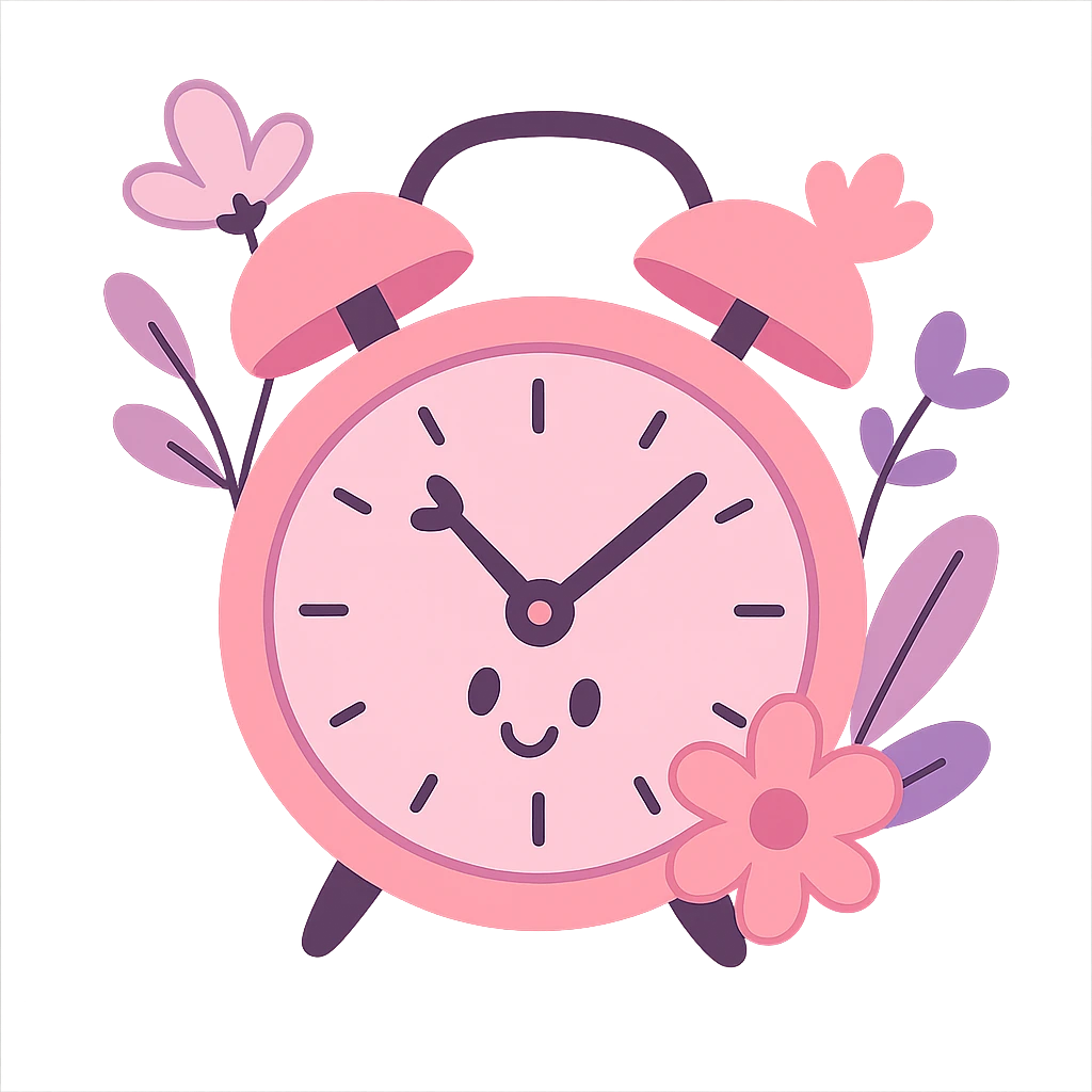 aesthetic pink clock with round face, floral accents, soft pinks and purples emoji