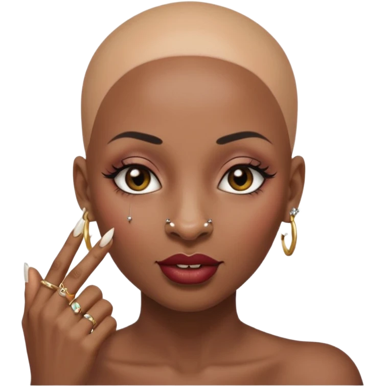 Grown black (proud) woman, bald with a perfect head, a prominent nose with a septum piercing, many piercings on her ears, a gap between her front teeth and very long nails (cynthia erivo) a proud lesbian, with long lashes and her finger tapping the top of her head emoji